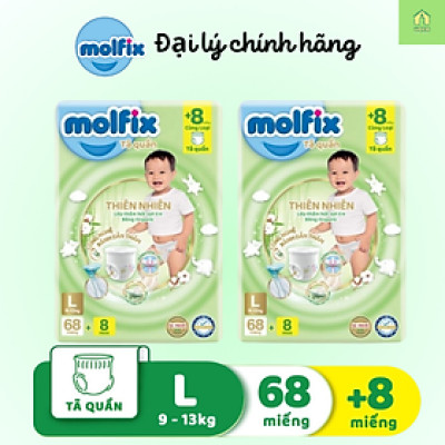 Combo 2 gói tã/bỉm quần Molfix thiên nhiên Super Jumbo size L68+6 Vaca Baby House