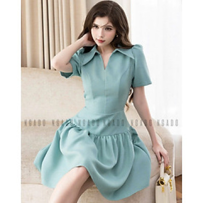 Đầm sơ mi xanh mint ngắn tay NGADO , đầm kiểu sơ mi , đầm nữ