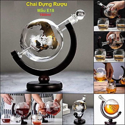 Chai Đựng Rượu Thủy Tinh 1500ML mẫu globe nắp thủy tinh đặc kèm đế gỗ - Vỏ Chai Rượu Đẹp trang trí – Bình Đựng Rượu Thủy Tinh decor (E18)
