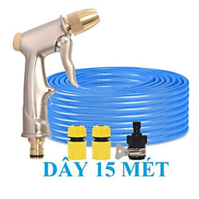 Bộ dây vòi xịt nước rửa xe, tưới cây . tăng áp 3 lần, loại 15m 206701 đầu đồng,cút,nối đen+ tặng đai