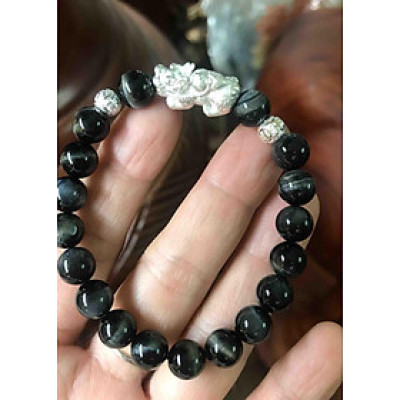 VÒNG TỲ HƯU HỒ LÔ BẠC 8MM ĐÁ MẮT HỔ ĐEN XANH NỮ MỆNH THỦY MỘC ĐÁ THIÊN NHIÊN