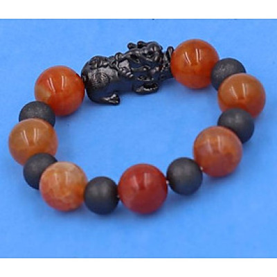 Chuỗi Tỳ Hưu inox Charm Đá Vân Rồng Cam 16 ly phối 6 bi - hợp mệnh Hỏa, mệnh Thổ - Vòng size XXL