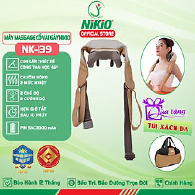 Máy massage cổ vai gáy Nikio NK-139 - Pin sạc, tặng túi xách, nhiệt nóng, động cơ không chổi than êm ái bền bỉ