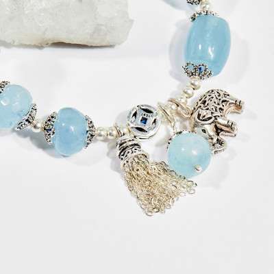 Vòng tay phong thủy nữ đá aquamarine charm voi 8mm mệnh thủy , mộc - Ngọc Quý Gemstones