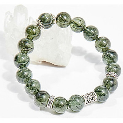 Vòng tay phong thủy đá thạch anh tóc xanh charm hoa hồng 10mm mệnh hỏa , mộc - Ngọc Quý Gemstones