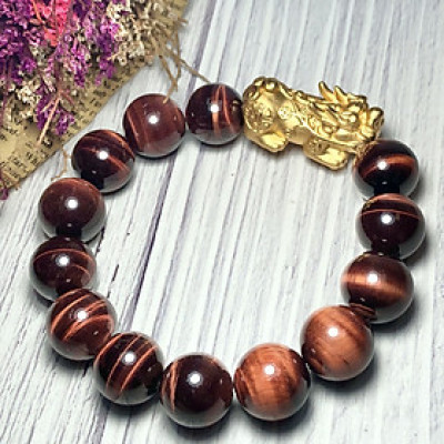 Vòng tay Thạch Anh Mắt Hổ nâu đỏ 14mm mix tỳ hưu bạc