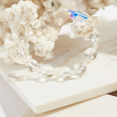 Vòng Tay Mân Côi Đá Thạch Anh Trắng Thánh Giá Pha Lê Hạt 10mm ,Ni 52 - Ngọc Quý Gemstones