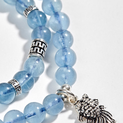 Vòng 2 Line Hải Lam Ngọc Phối Charm Cá Bạc 6mm Ngọc Quý 