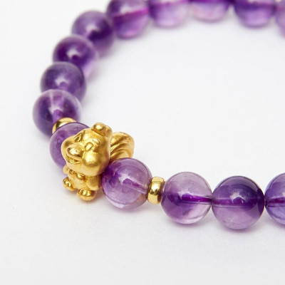 Vòng tay đá thạch anh tím charm tuổi dậu bạc mạ vàng 24K 8mm mệnh hỏa, thổ - Ngọc Quý Gemstones