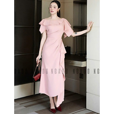 Đầm hồng cổ thuyền vạt xéo NGADO , đầm dài , đầm dự tiệc , sang trọng