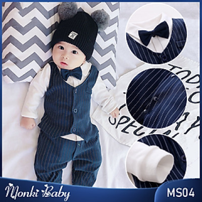 Body vest quý tộc cho bé trai sơ sinh, bộ áo liền quần công tử, size nhỏ từ 0-3m, chất cotton tự nhiên dày dặn mịn đẹp, thân thiện với làn da bé | MS04