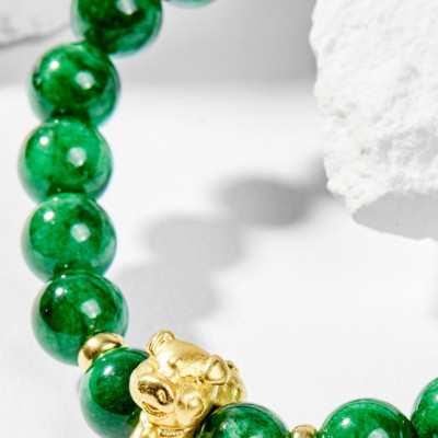 Vòng Tay Phong Thủy Nữ Đá Cẩm Thạch Sơn Thủy Phối Charm Tuổi Hợi Bạc Mạ Vàng 24K (8mm) Mệnh Mộc, Hỏa Ngọc Quý Gemstones