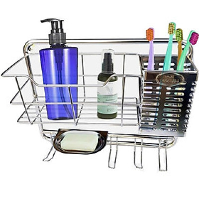 Kệ Inox Nhà Tắm Treo Tường Đa Năng - Khay bàn chải, để xà bông, chai lọ, có móc treo