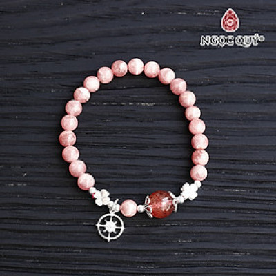 Vòng tay đá đào hoa rhodochrosite 7mm phối thạch anh tóc đỏ charm bạc mệnh hỏa , thổ - Ngọc Quý