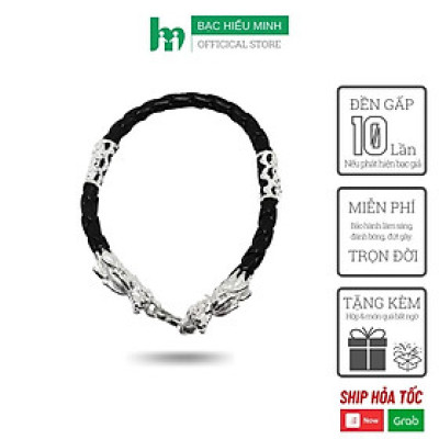 Vòng Tay Nam Da Thật Bọc Đầu Rồng Bạc Ta 925 Nam Tính Chính Hãng Trang Sức BẠC HIỂU MINH LTN003T