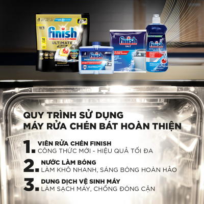Combo 2 Viên rửa chén Finish Ultimate 18 viên + Nước làm bóng Finish 500ml + Muối rửa chén Finish 1kg