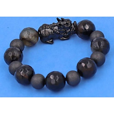 Vòng tay Tỳ Hưu inox Charm Thạch Anh Đen Nâu Cắt Gíac 16 ly phối 6 bi - hợp mệnh Mộc, mệnh Thủy - Vòng size XXL