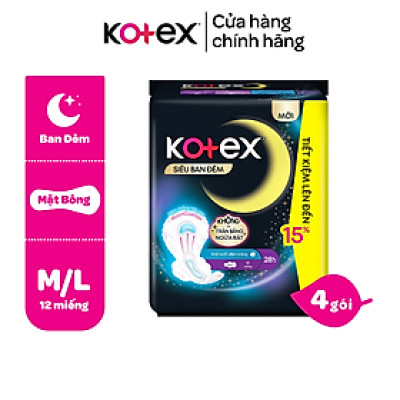 Lốc 4 gói BVS Kotex Siêu Ban Đêm 28cm Mặt lưới Đệm bông chống tràn sau 12 miếng