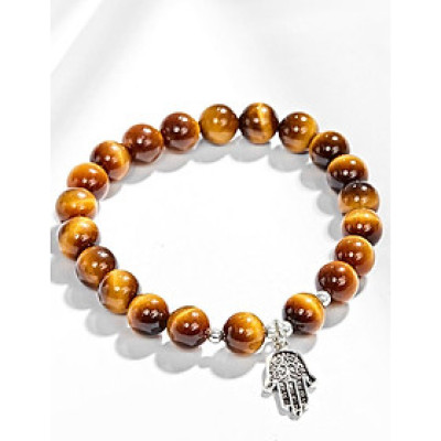 Vòng Tay Đá Mắt Hổ Vàng Nâu Phối Bàn Tay Hamsa Bạc