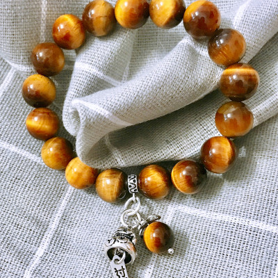 Vòng đá thạch anh mắt hổ vàng nâu phối charm mèo may mắn size hạt 10mm mệnh thổ, kim - Ngọc Quý Gemstones