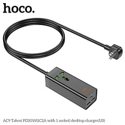 Ổ cắm điện đa năng sạc nhanh PD 30W cổng typeC + QC18W có 2*USB và 1*Type-C có 1 lỗ cắm tải 2500W dây dài 1.5m AC9 - Hàng chính hãng