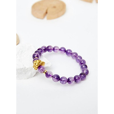 Vòng tay đá thạch anh tím charm tuổi dậu bạc mạ vàng 24K 8mm mệnh hỏa, thổ - Ngọc Quý Gemstones