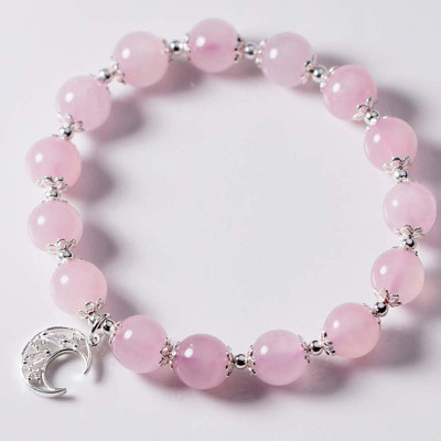 Vòng tay đá thạch anh hồng charm mặt trăng mệnh hỏa, thổ - Ngọc Quý Gemstones