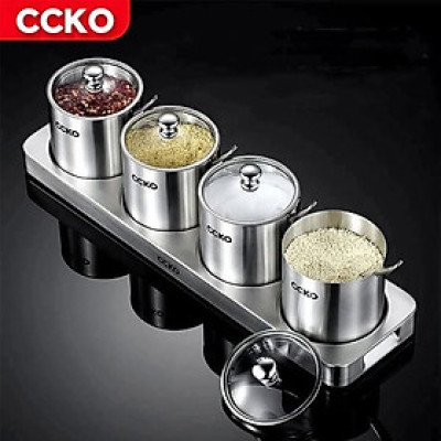 Set 4 hũ đựng gia vị CCKO inox 304 nắp thủy tinh kèm khay Hàng chính hãng