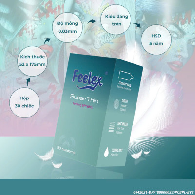 Bao cao su Feelex Superthin siêu mỏng, nhiều gel bôi trơn, hương thơm - Hộp 30bcs