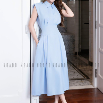 Đầm sơ mi xanh biển xếp ly NGADO , đầm dáng dài , đầm kiểu , đầm sơ mi