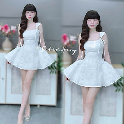 Váy thiết kế nơ vai cột dây dáng ngắn xoè bồng dự tiệc sang chảnh