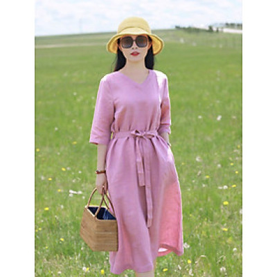 Đầm suông linen nữ cổ V, thiết kế trơn basic, thời trang nữ thanh lịch, nhẹ nhàng NH198 hồng