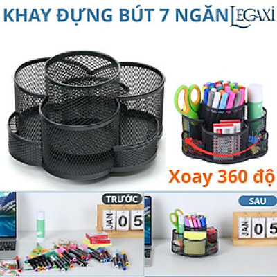 Khay đựng bút XOAY 360 ĐỘ, khay bút 7 NGĂN  để bàn kim loại Văn Phòng, Đựng Mỹ phẩm, Điều Khiển TV