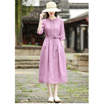 Đầm linen nữ dáng suông cổ trụ phối nút, đầm nữ chất chất linen mát kèm dây thắt eo Haint Boutique Da62