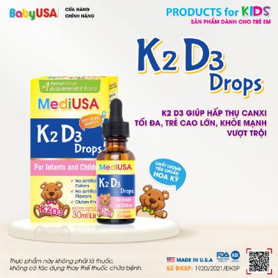 MediUSA K2D3 Drops - Thực Phẩm Chức Năng - Bổ sung Vitamin K2, Vitamin D3 cho trẻ - Hàng chính hãng