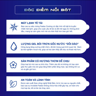 Bao cao su nam Feelex xanh Cooling, mỏng, nhiều gel bôi trơn, cảm giác mát lạnh - Hộp 10 bcs
