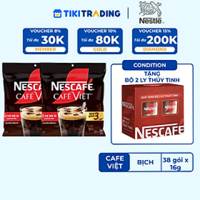 [Tặng hộp 2 ly thủy tinh] Combo 2 Bịch Cà phê đen hòa tan NESCAFE Café Việt (Túi 35 + 3gói x 16g)